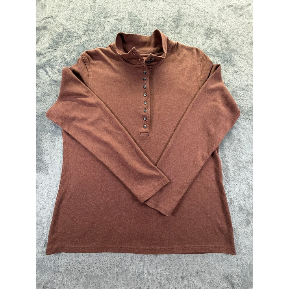 Natural Reflections Brown Ribbed Mock Neck Henley Top L Women's Long Sleeve